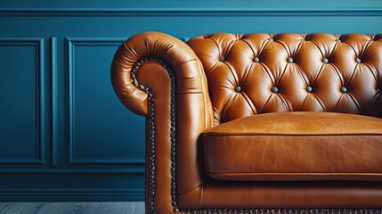 Obraz premium Brown leather Chesterfield sofa against teal wall.