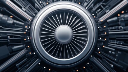 A close-up view of a turbine engine featuring intricate blades and metallic components, showcasing advanced engineering and design.