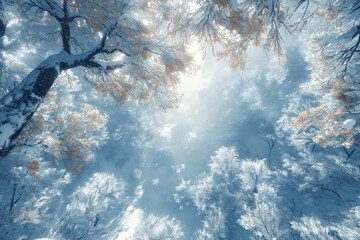 Winter wonderland overhead with frosted trees and soft sunlight filtering through. Generative AI