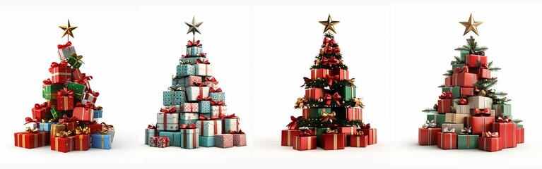 Festive 3D Christmas Tree of Stacked Presents with Ribbons and Star Topper on White Background