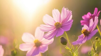 Fototapeta premium A close-up of pink flowers basking in warm sunlight, creating a serene and cheerful atmosphere.