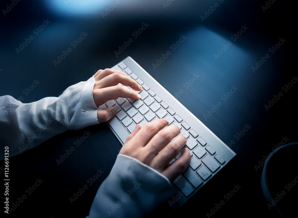 Aufkleber Close-up of hands typing on a white keyboard in a dimly lit room.  The scene evokes a sense of focus and digital work.