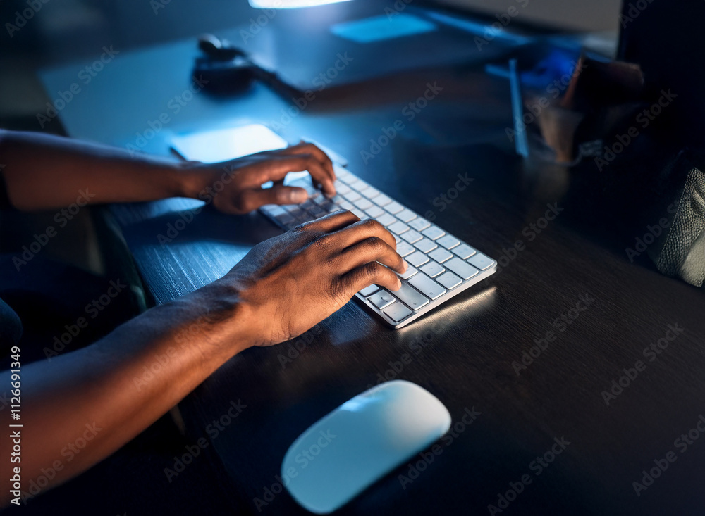 Aufkleber Close-up of hands typing on a keyboard at night, illuminated by blue light,  a mouse beside it on a dark desk.
