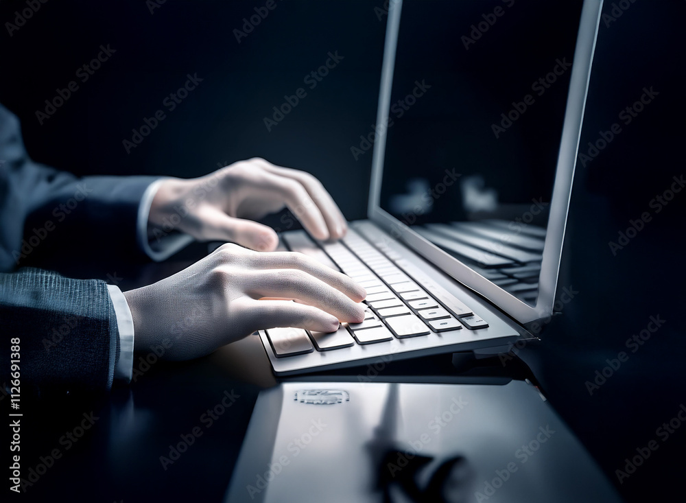Poster close-up of hands typing on a laptop keyboard in low light. the scene evokes a sense of late-night w