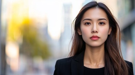 Fototapeta premium In a bustling city environment, a young stylish Chinese woman stands confidently