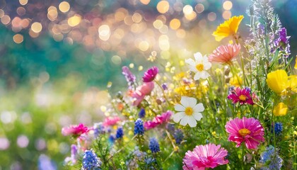 Colorful Flower Meadow with Sunbeams and Bokeh Lights in Summer A Vibrant Nature Background Banner Capturing the Essence of a Lush Floral Landscape in Full Bloom