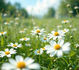 Fototapeta premium White wildflowers swaying gently in the breeze , swaying, outdoor landscape