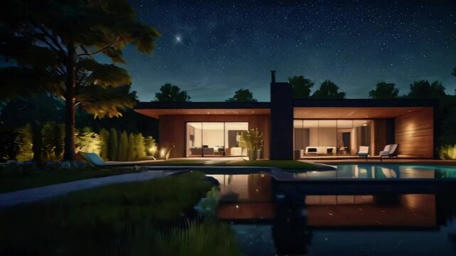 3d rendering of modern cozy clinker house on the ponds with garage and pool for sale or rent with beautiful landscaping on background. Clear summer night with many stars on the sky, 4k Animation video
