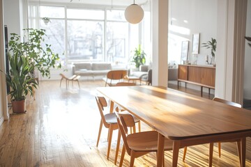 A mid century modern interior in a dining room with a wooden dining table and chairs. Generative AI
