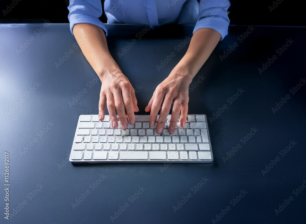 Poster overhead view of hands typing on a white wireless keyboard on a dark surface. the scene is dimly lit