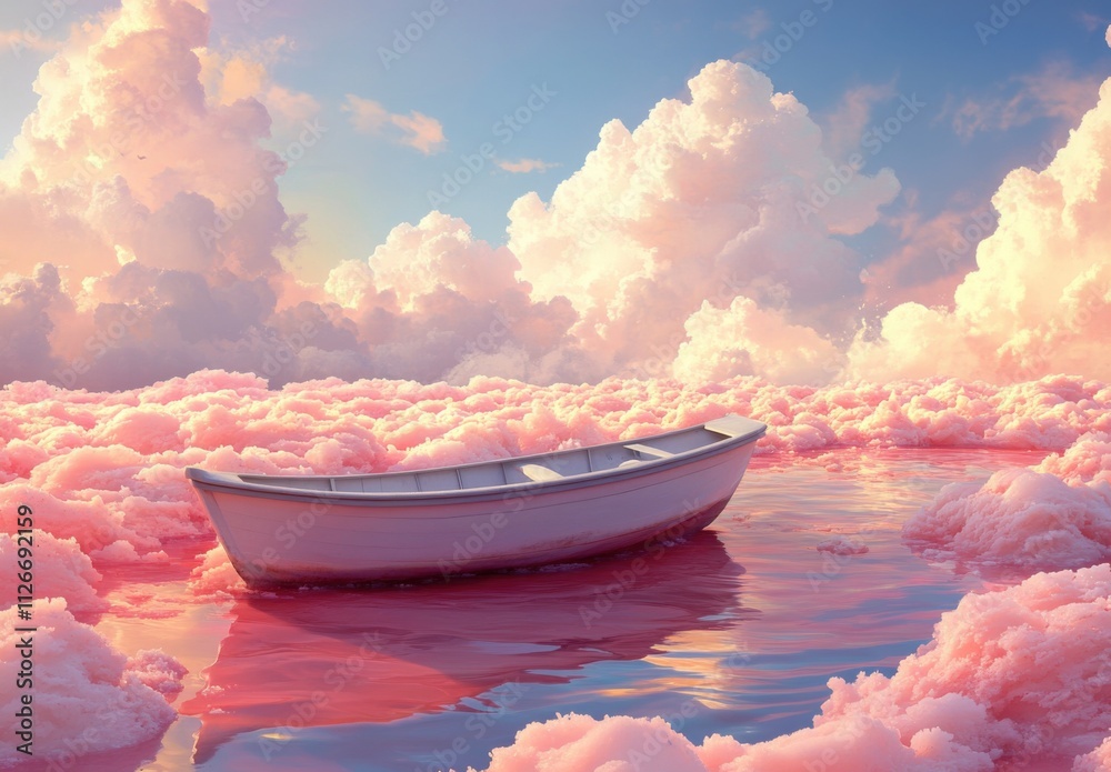 Poster boat sails on a pink sea, surrounded by white clouds and cotton candy clouds floating in the blue sk