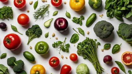 Flat lay of fresh and vibrant healthy food ingredients, including vegetables, fruits, and herbs, arranged on a white surface, isolated for culinary projects or advertisements.