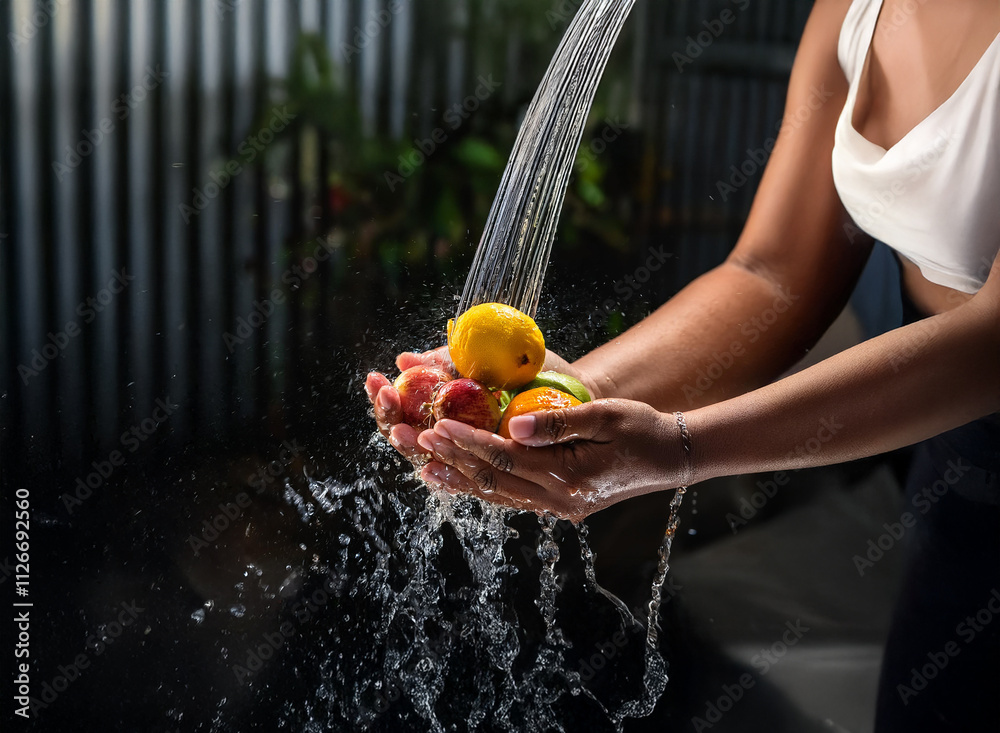 Poster close-up of hands washing a small pile of colorful fruits under a stream of water. the scene is dark
