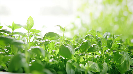 A field of green plants with a bright sun shining on them