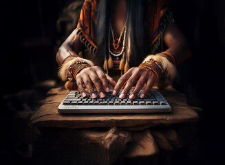 Close-up of hands adorned in indigenous attire typing on an old keyboard, blending traditional culture with modern technology.  A juxtaposition of past and present.