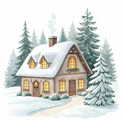 Fototapeta premium Cozy Snow-Covered Cottage Surrounded By Winter Pines And Snowfall