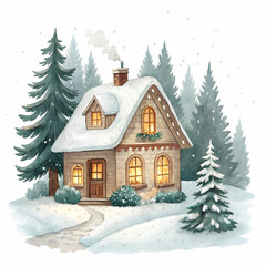 Naklejka premium Cozy Snow-Covered Cottage Surrounded By Winter Pines And Snowfall
