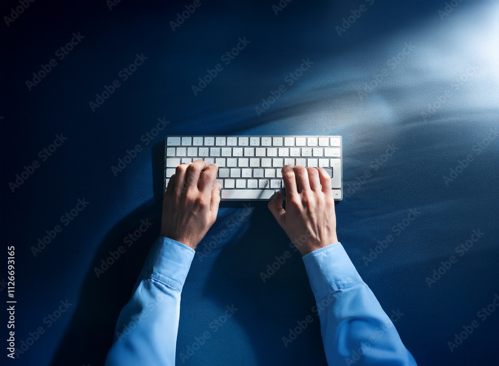 Poster Overhead view of hands typing on a white keyboard against a dark blue background.  Light streaks suggest speed and data flow.  A sense of late-night work or digital urgency is conveyed.