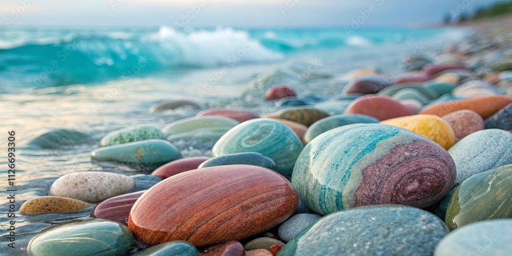 Aufkleber a beach with a large pile of colorful rocks