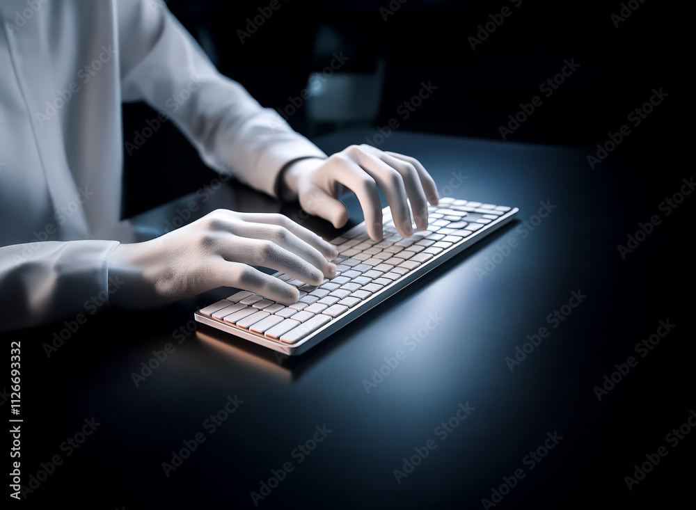 Aufkleber Close-up of hands using a keyboard in low light.  The scene evokes a sense of mystery and technological focus.