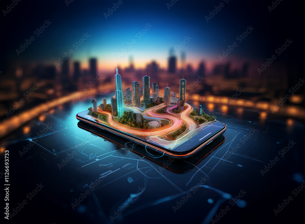 Poster A miniature cityscape sits atop a smartphone, illuminated roads winding through skyscrapers.  The phone rests on a reflective surface, suggesting a digital connection to a larger metropolis in the blu