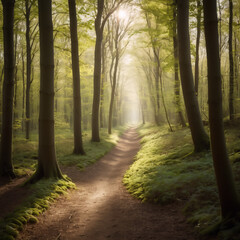 Obraz premium Bäume - Sonnenstrahlen durch die Bäume eines Waldwegs