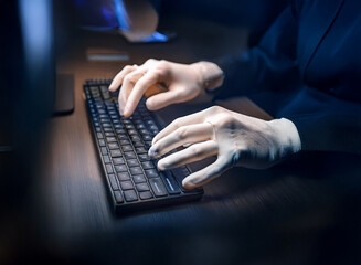 Close-up of gloved hands typing on a keyboard in low light.  The scene evokes a sense of mystery and perhaps clandestine activity.