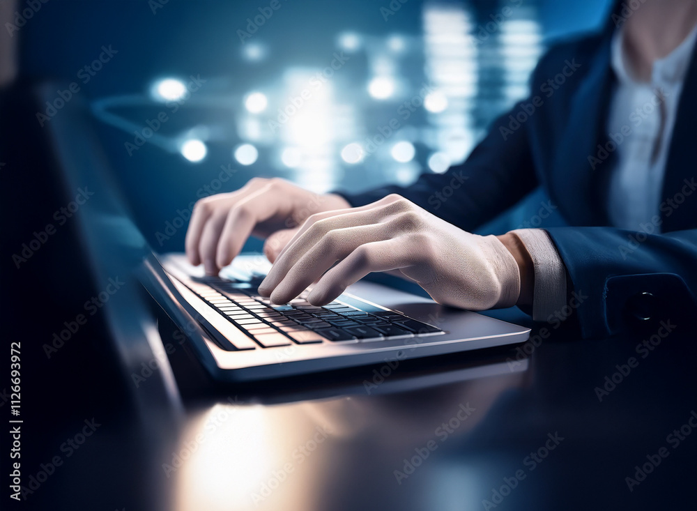 Poster Close-up of hands typing on a laptop keyboard, illuminated by soft light against a blurred digital network backdrop.  The image suggests global connectivity and digital work.