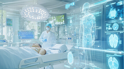 Virtual hospital, future hospital environment showing digital twins of patients and medical equipment