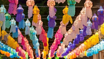 Naklejka premium Colorful Papel Picado Adorns Night Party Vibrant Decorations for Celebrations and Festivities, Perfect for Birthdays, Weddings, and Cultural Events
