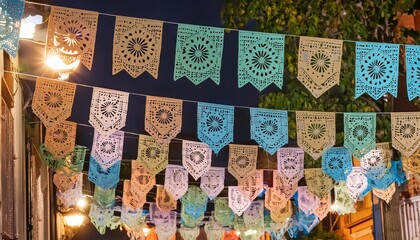 Colorful Papel Picado Adorns a Night Party, Bringing Vibrant Atmosphere and Festive Spirit to Celebrations with Its Intricate Designs and Lively Colors, Perfect for Any Occasion