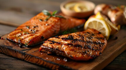 Salmon steak and grilled chicken on a wooden board