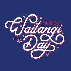 Happy Waitangi Day typography banner, poster, flyer, greeting card to celebrate on 6th February. Waitangi Day logo with stars on blue background. Waitangi Day template, sticker, label, tags.