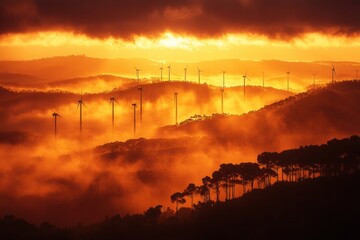 Obraz premium Wind Turbines in Fiery Sunset Landscape