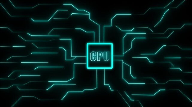 Glowing Neon GPU Icon Isolated . Animation of Circuit Board GPU Processor Starting Digitalization Process and Information Computing. glowing cyan color CPU icon animation on black background.