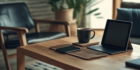 Digital tablet, smartphone, and coffee mug arranged on a wooden table with an empty chair, featuring a black touchscreen computer alongside a coffee cup, creating a cozy tech workspace.