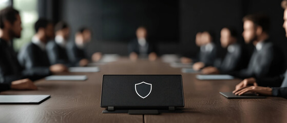 A focused business meeting showcasing professionals discussing strategy with technology in a sleek environment.