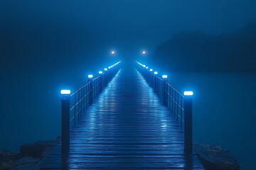Obraz premium A mysterious, fog-shrouded pier stretches into the night, illuminated by blue lights.