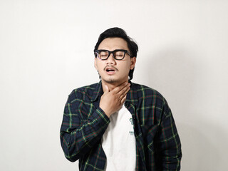 Adult Asian man suffer sore throat isolated on white background