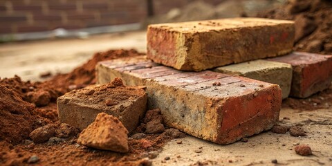 A pile of bricks and dirt with a brick on top of the pile