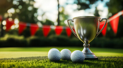 Silver trophy cup with golf ball texture placed next to several golf balls on a green surface with blurred bunting flags in the background