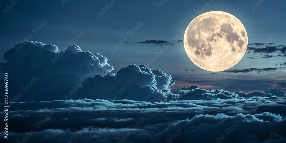 Poster a large moon is shining brightly in the sky, surrounded by clouds