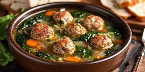 Delicious homemade Italian wedding soup featuring spinach and meatballs offers a hearty and comforting meal. This Italian wedding soup combines flavors for a satisfying dish.