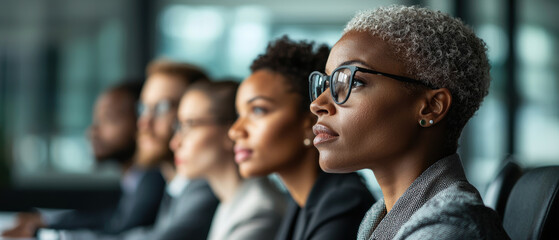 Obraz premium Diverse professionals focusing intently in a modern meeting, showcasing collaboration and determination.
