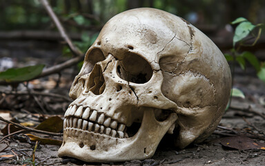 Obraz premium Skull resting on forest floor surrounded by foliage and branches