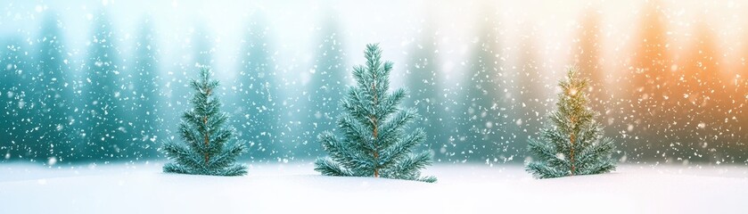 Fototapeta premium A serene winter landscape featuring snow-covered fir trees amidst falling snowflakes, creating a tranquil atmosphere with a soft, colorful background.