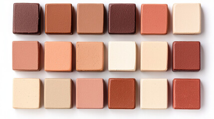 Fototapeta premium Baby accessories minimalistic concept. A grid of color swatches featuring a range of earthy tones, including browns, peaches, and creams, ideal for makeup or design applications.