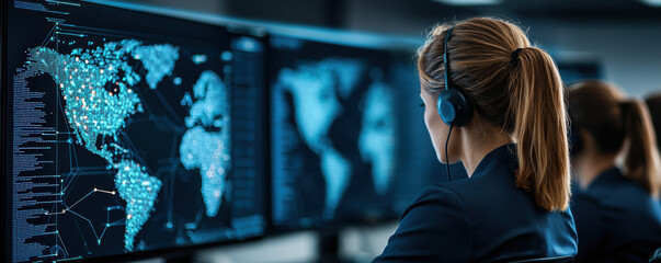 Woman using headset for data analysis with digital world maps on screens in a modern office environment.