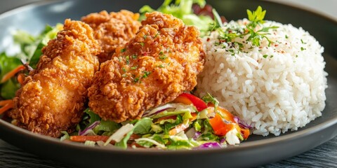 Delicious fried chicken served alongside rice and a fresh salad, creating a perfect combination of flavors. Enjoy the crispy fried chicken with the wholesome rice and vibrant fresh salad.