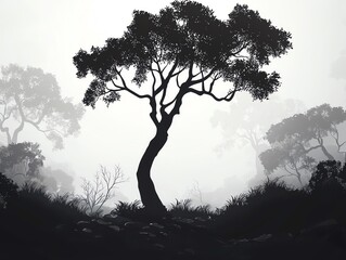 Lone tree silhouette in misty forest, intricate branch details, minimalist nature composition, stark monochromatic contrast